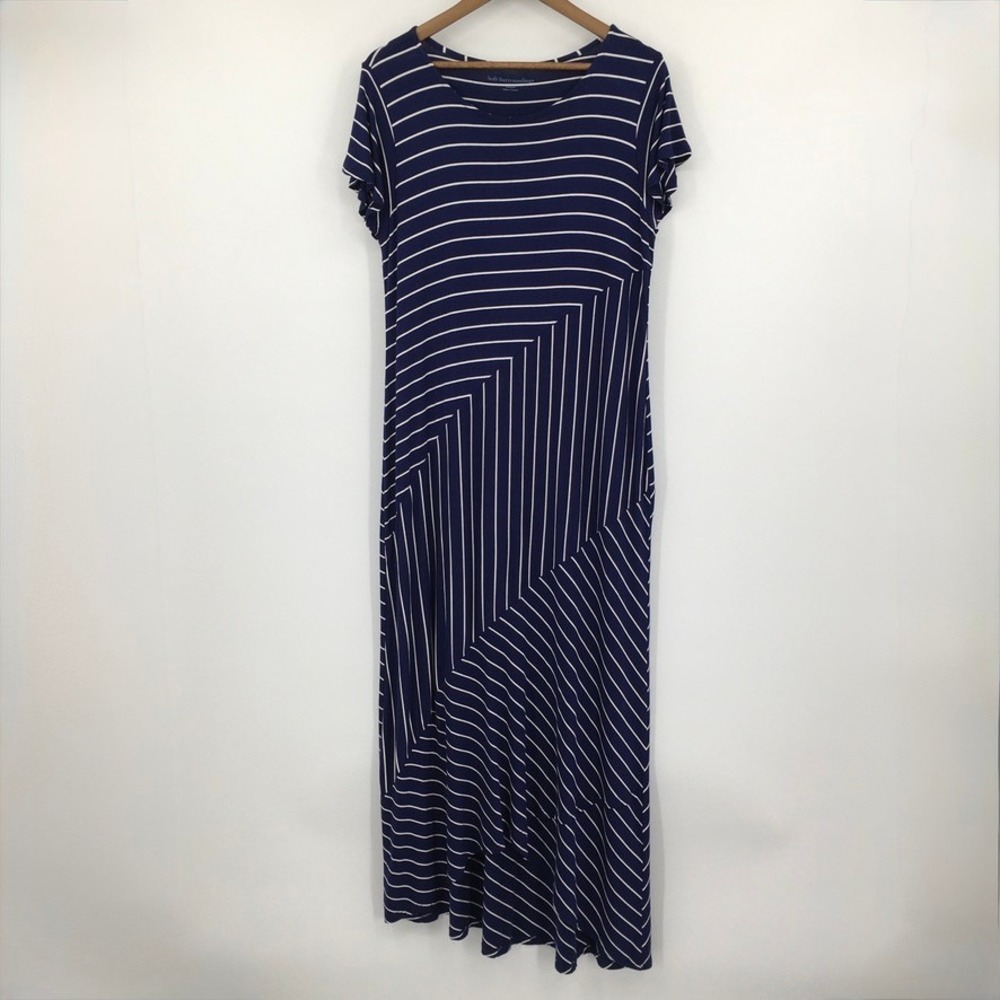Soft Surroundings Asymmetric Striped Maxi Dress Womens M Navy Nautical Coastal